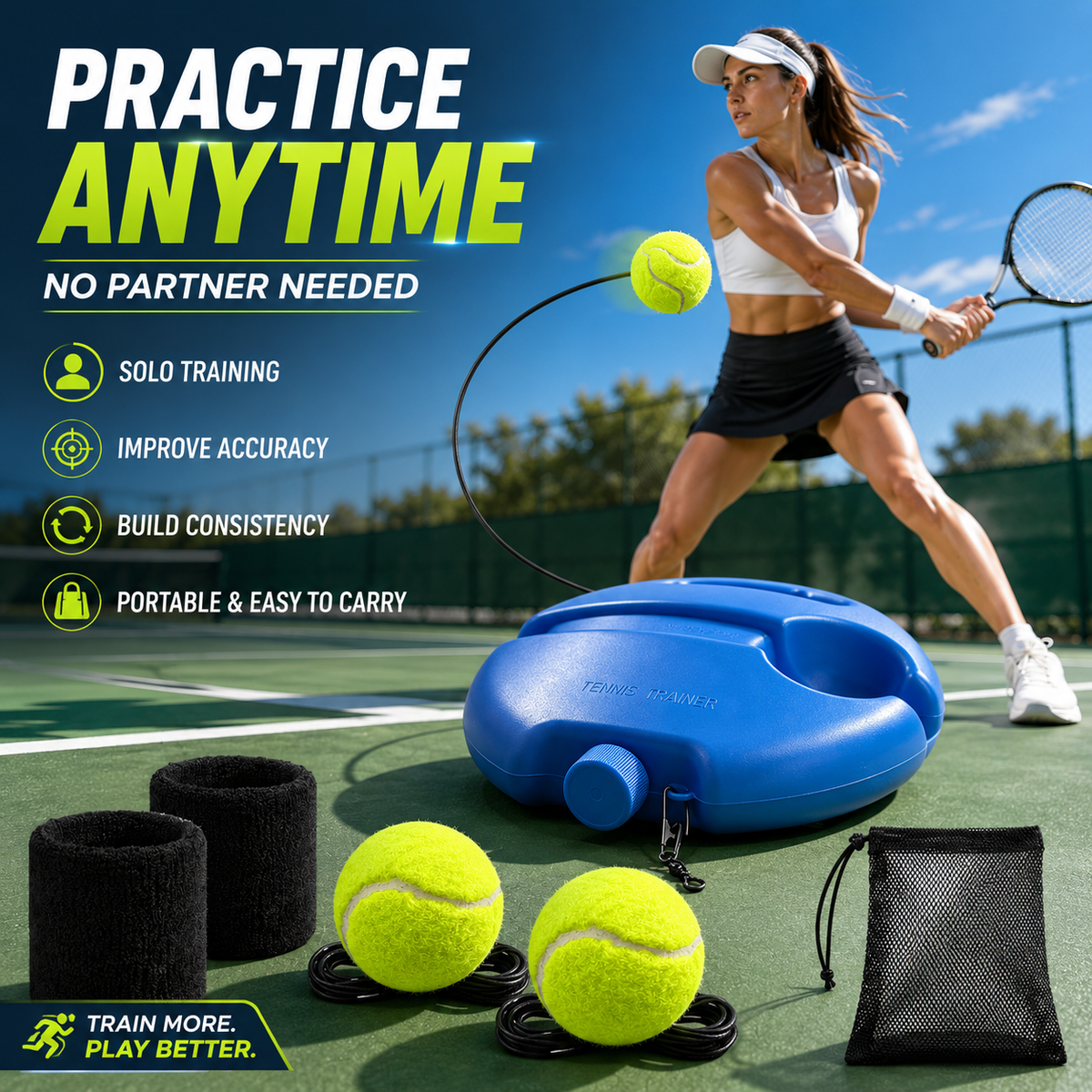 🎾 Solo Tennis Trainer Rebound Set – Practice Anytime, No Partner Needed，3 Balls