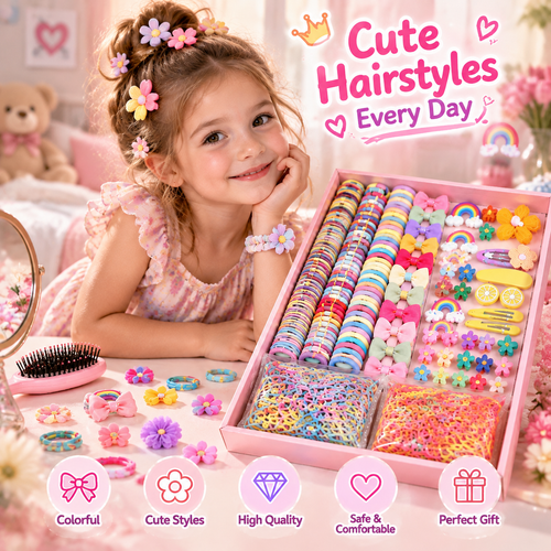 🎀 Kawaii Girls Hair Accessories Set – Cute Bows, Clips & Hair Ties Collection