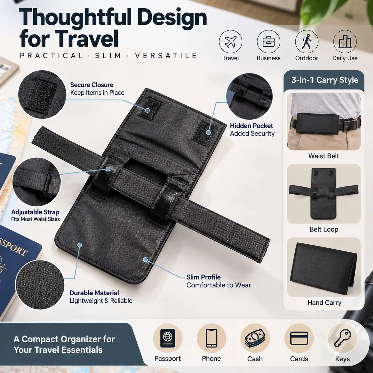 Anti‑Theft Passport Pouch, Multifunctional Phone and ID Waist Pouch🎒