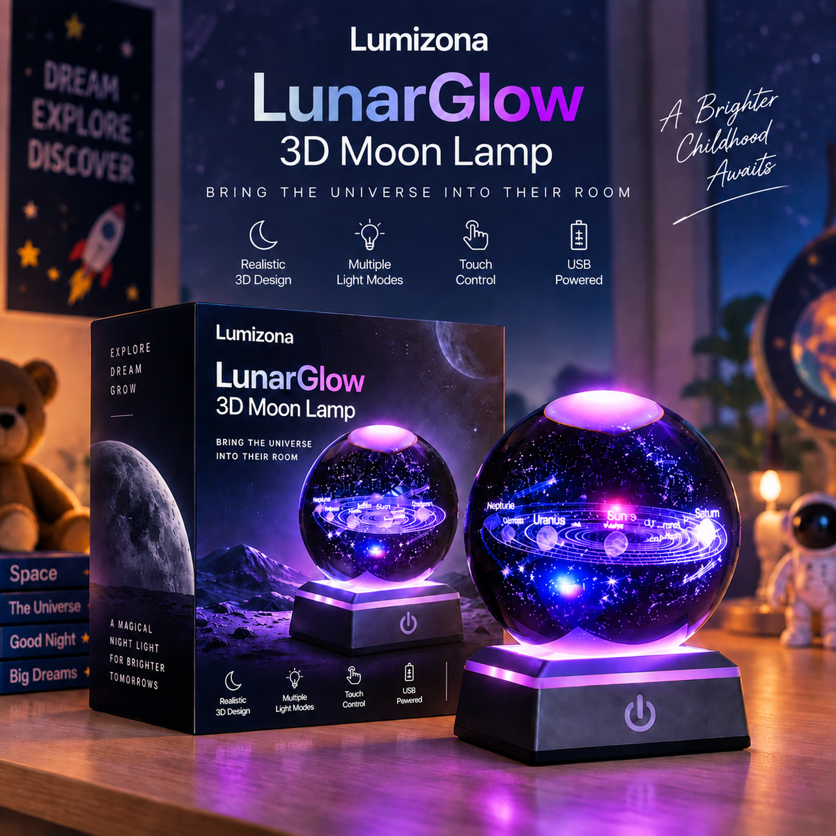 Lumizona LunarGlow 3D Moon Lamp